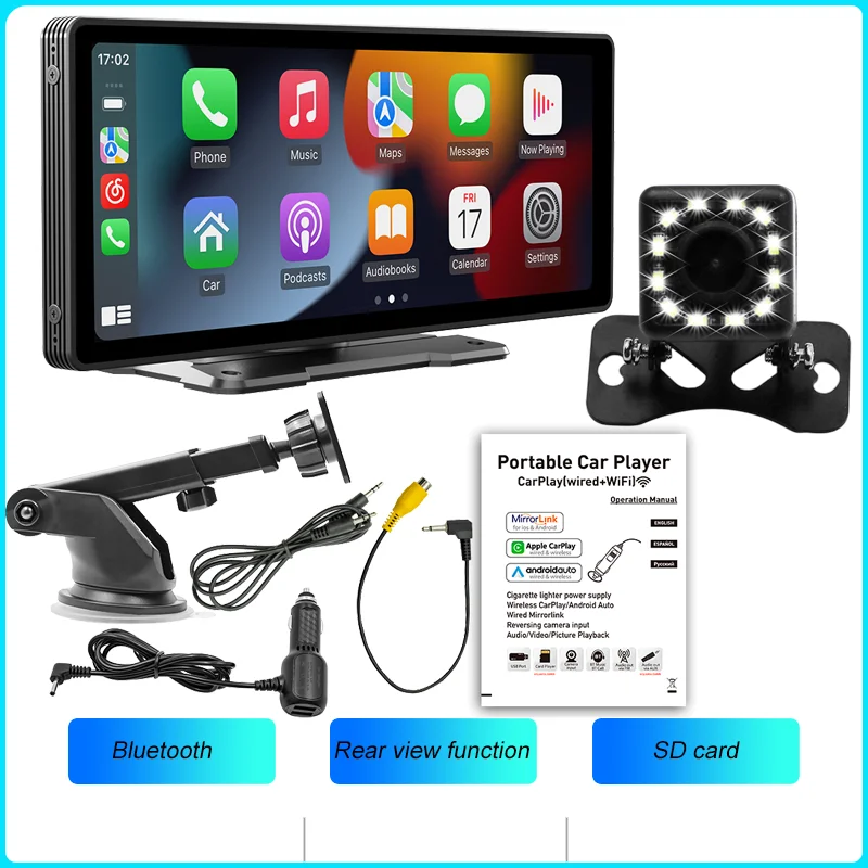Bqcc 10.26 Polegada portátil sem fio carplay tela hd câmera de ré traseira rádio do carro dvr mp5 multimídia player vídeo android auto