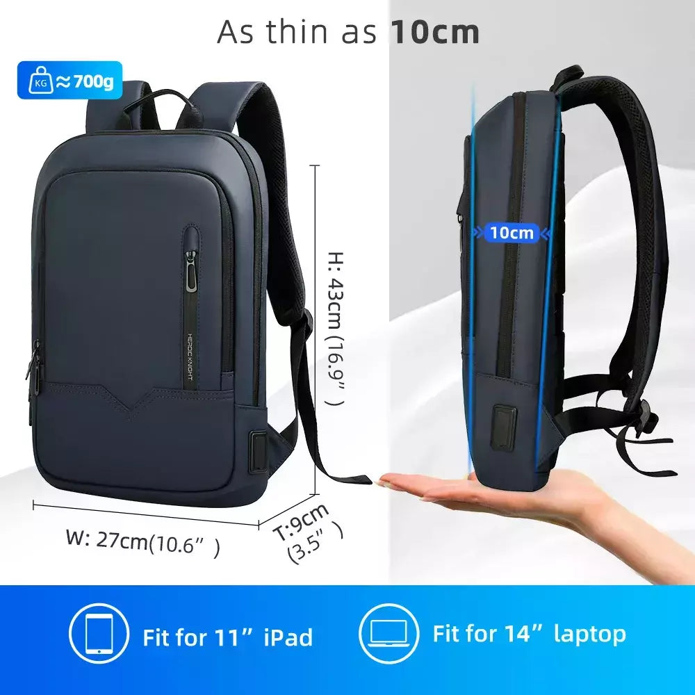 Mochila HK Slim para Homens, Sacos de Laptop, Impermeável, Minimalista, Negócios, Carregamento USB, Casual, Viagem, Trabalho, 15,6";;VERDADEIRO;;"8228-Black