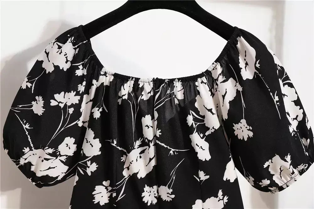 Mulheres mini vestidos de verão moda feminina vestidos impressão floral chiffon vestidos shirring plissado manga curta inchado vestido casual