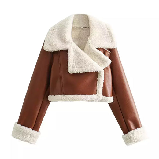 Jaqueta de shearling falso feminina, casaco de pele de carneiro, jaquetas retrô motociclista, tops, inverno