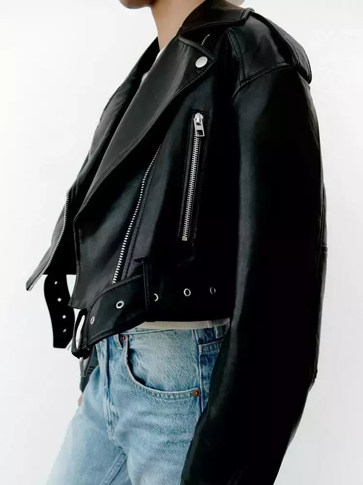Ailegogo-Jaqueta curta feminina de couro PU falso com cinto, casaco de motociclista, lapela com zíper feminino, outwear solto, primavera, outono