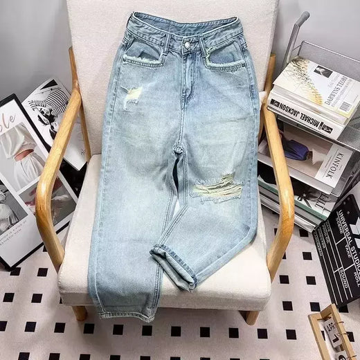 Calça harém feminina de cintura alta na moda, jeans estilo coreano, emagrecedora, solta, rasgada, 9 pontos, nova chegada, outono