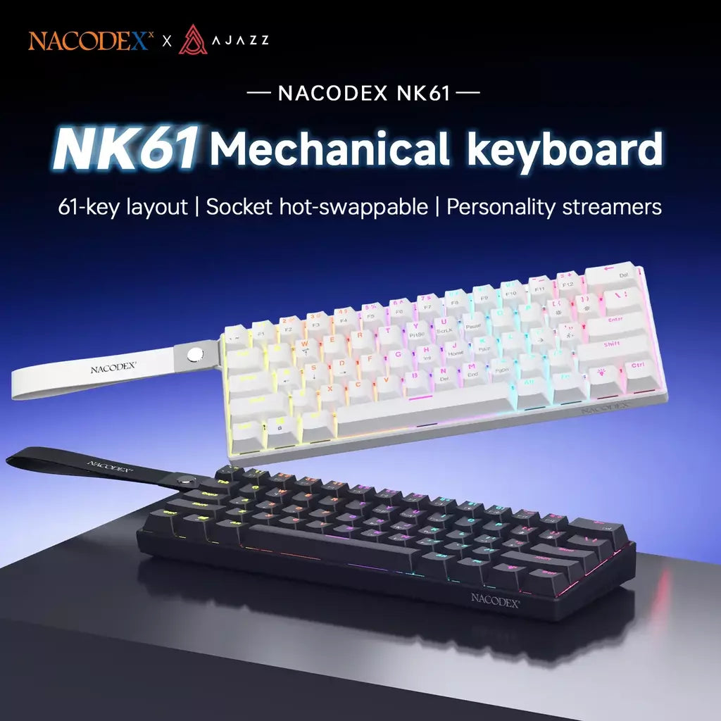 Ajazz nk61 teclado mecânico com fio 60% cores misturadas rgb hot-swap 61 teclas teclado para jogos interruptor rad para jogadores esports