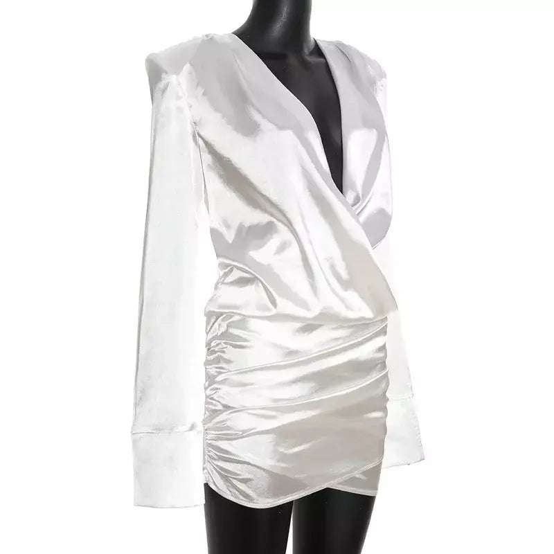 Nsauye curto noite elegante festa mini envoltório manga longa vestido feminino nova moda cetim 2025 inverno sexy night club vestido branco