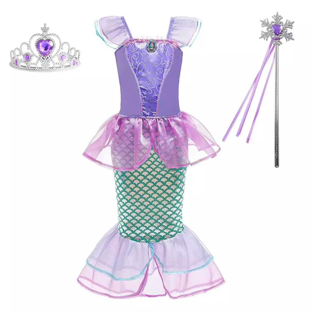 Meninas roxo-azul sereia ariel cosplay vestido de halloween vestido de festa de aniversário meninas praia vestido de férias