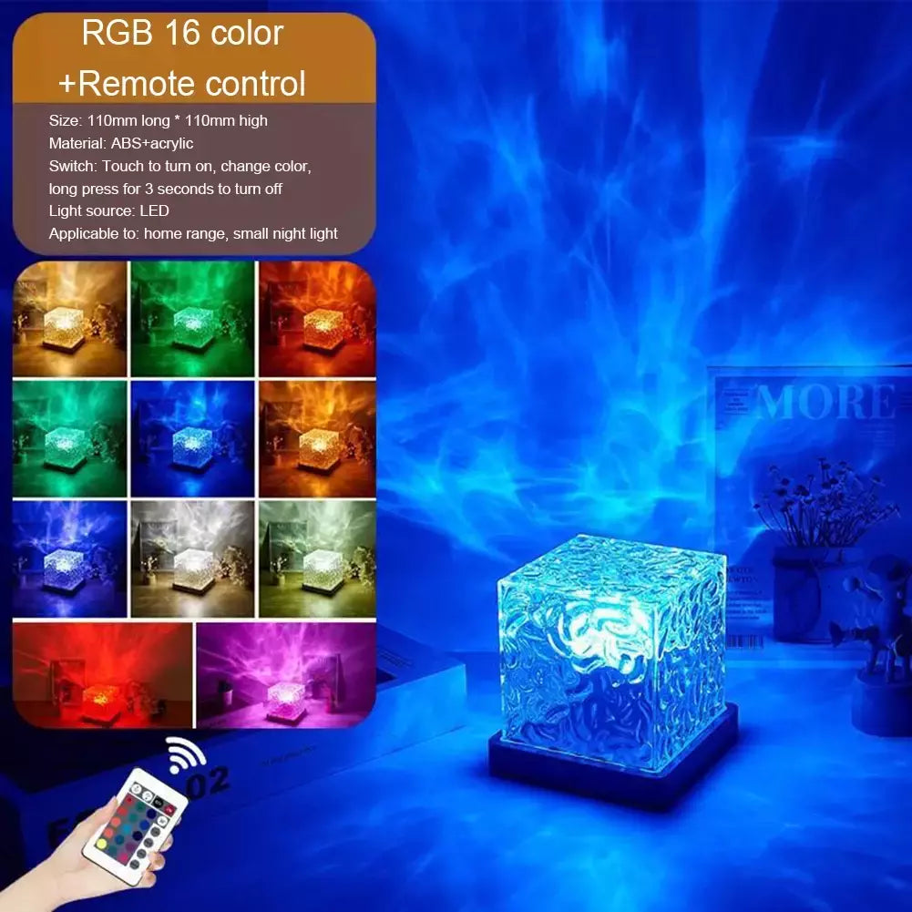 Projetor de ondulação de água rotativo dinâmico, luz noturna, 16 cores, lâmpada de cristal de chama para sala de estar, estudo, quarto, rotação dinâmica
