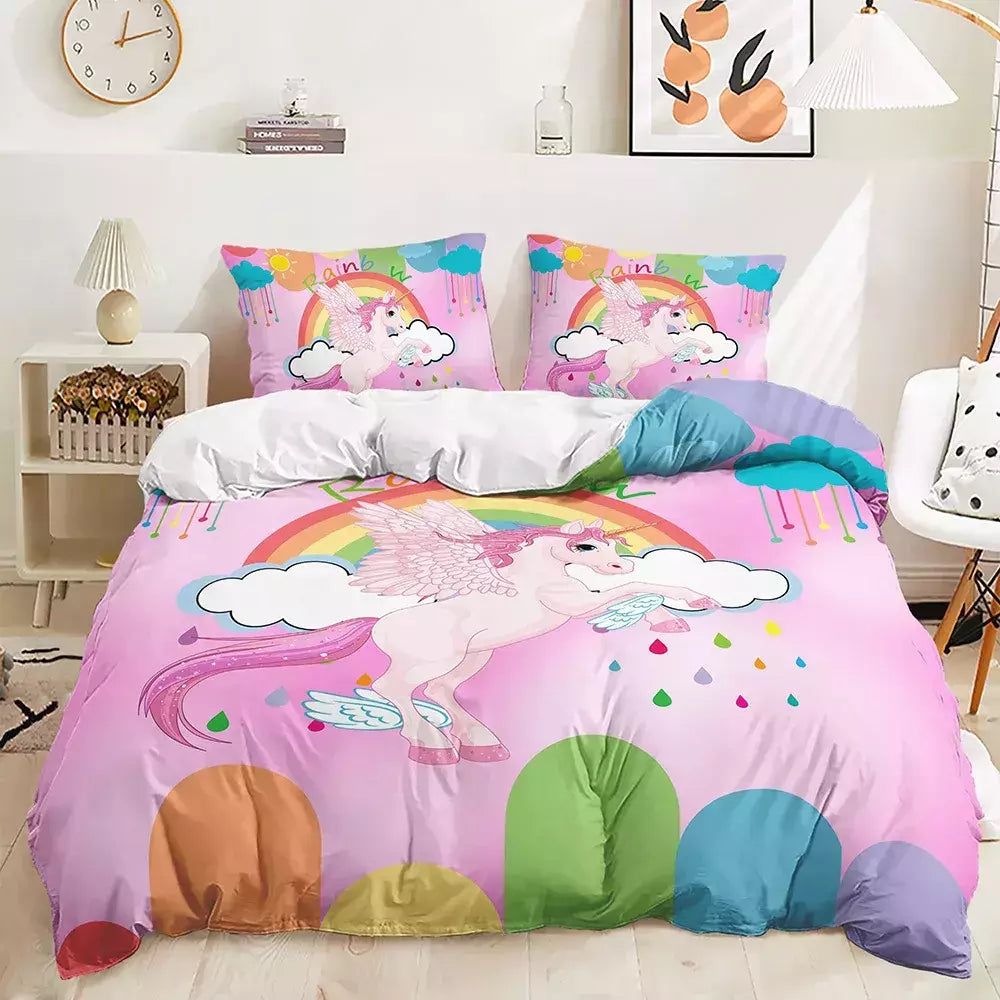 Conjunto de cama de unicórnio arco-íris, king size, queen, unicórnios arco-íris, conjunto de capa de edredom com fronha, roupa de cama de poliéster para crianças e meninas