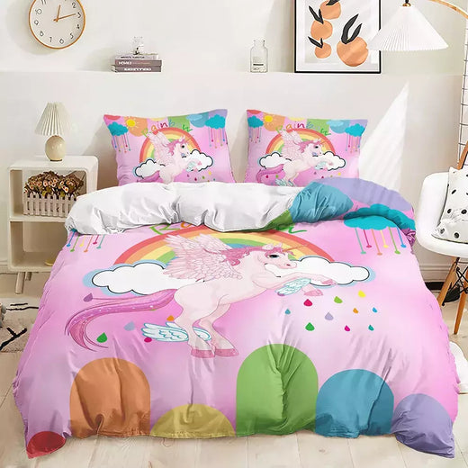 Conjunto de cama de unicórnio arco-íris, king size, queen, unicórnios arco-íris, conjunto de capa de edredom com fronha, roupa de cama de poliéster para crianças e meninas