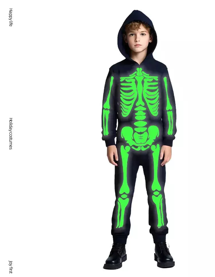 Halloween meninos trajes esqueleto horror preto luminoso fantasma apertado com capuz macacão palco papel traje desempenho terno