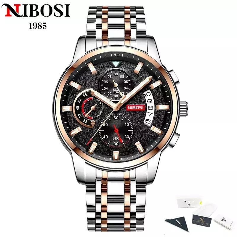 Nibosi moda masculina relógios de aço inoxidável quartzo cronógrafo relógio à prova dwaterproof água marca luxo relógio para homem relogio masculino