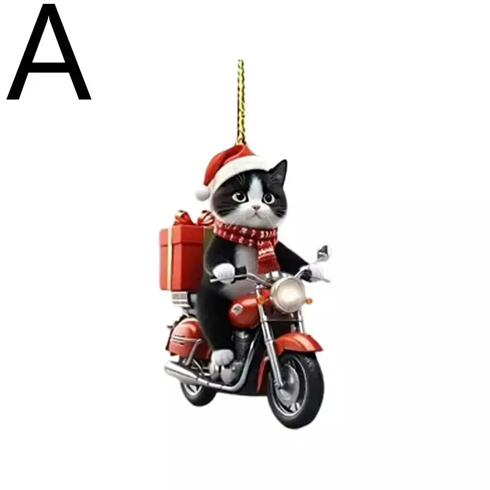 Motocicleta gato acrílico pendurado decoração árvore de natal carro 2d plana equitação gatinho pendurado ornamento dos desenhos animados pingente para natal