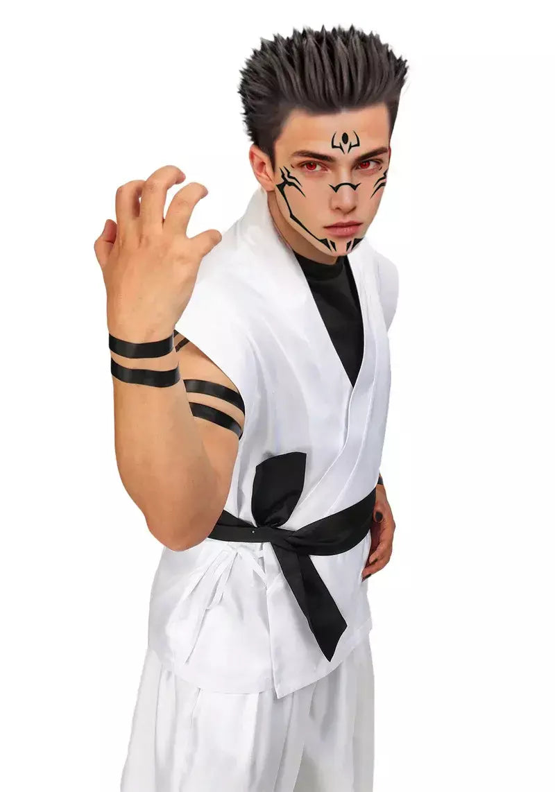 Dazcos ryomen sukuna traje branco kung fu terno com adesivos de tatuagem ryomen sukuna como megumi showdown cosplay traje conjunto completo