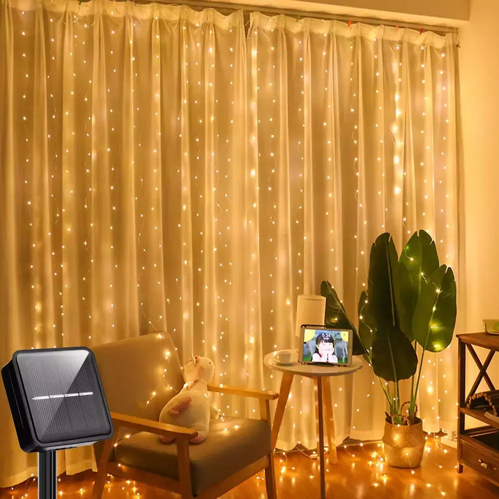 Impermeável Solar LED Curtain Light Decoração de guirlanda ao ar livre, luzes de corda, quintal, Natal, fada, luzes de corda, 300LEDs