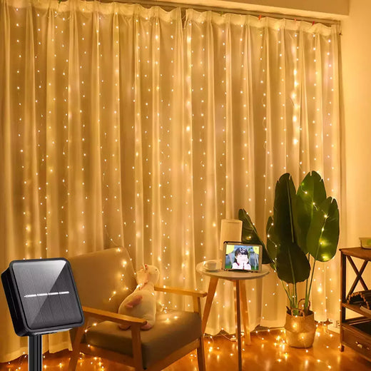 Impermeável Solar LED Curtain Light Decoração de guirlanda ao ar livre, luzes de corda, quintal, Natal, fada, luzes de corda, 300LEDs