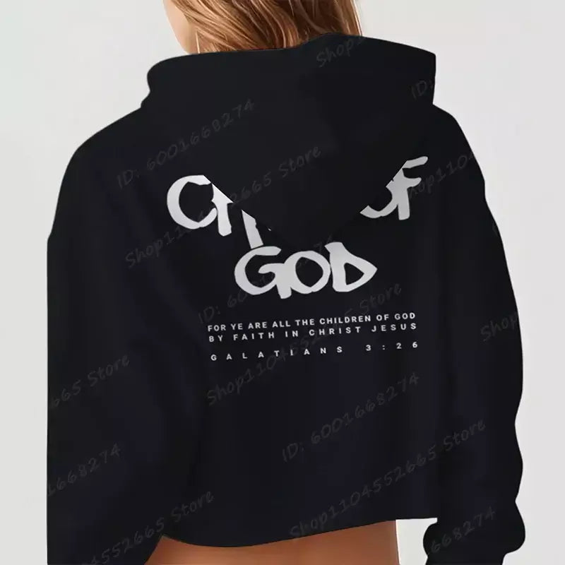 Eu sou um deus criança carta impressão recortada hoodies para mulheres cristão orar o senhor moletom manga longa pullovers curto topos