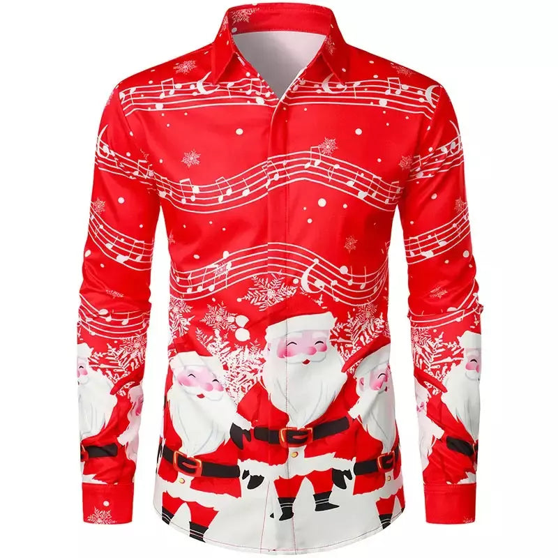 Engraçado feliz natal lapela camisas masculinas papai noel cosplay gráficos camisas de manga comprida, roupas masculinas ternos falsos camisas