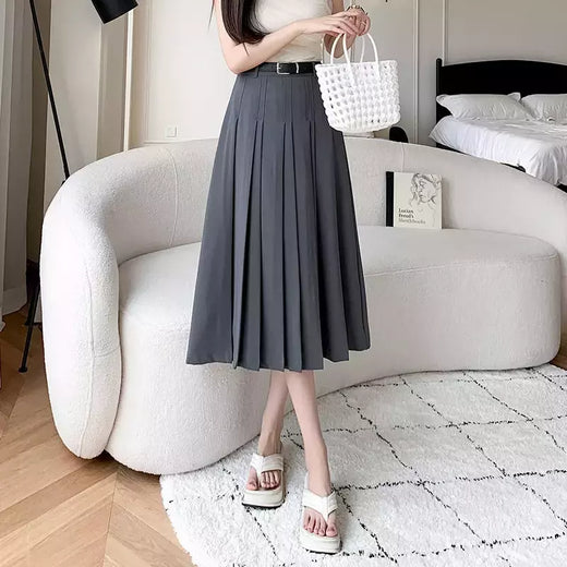 Saia plissada midi de cintura alta feminina, terno casual linha A, elegante saia de guarda-chuva vintage, moda feminina, primavera, verão, nova