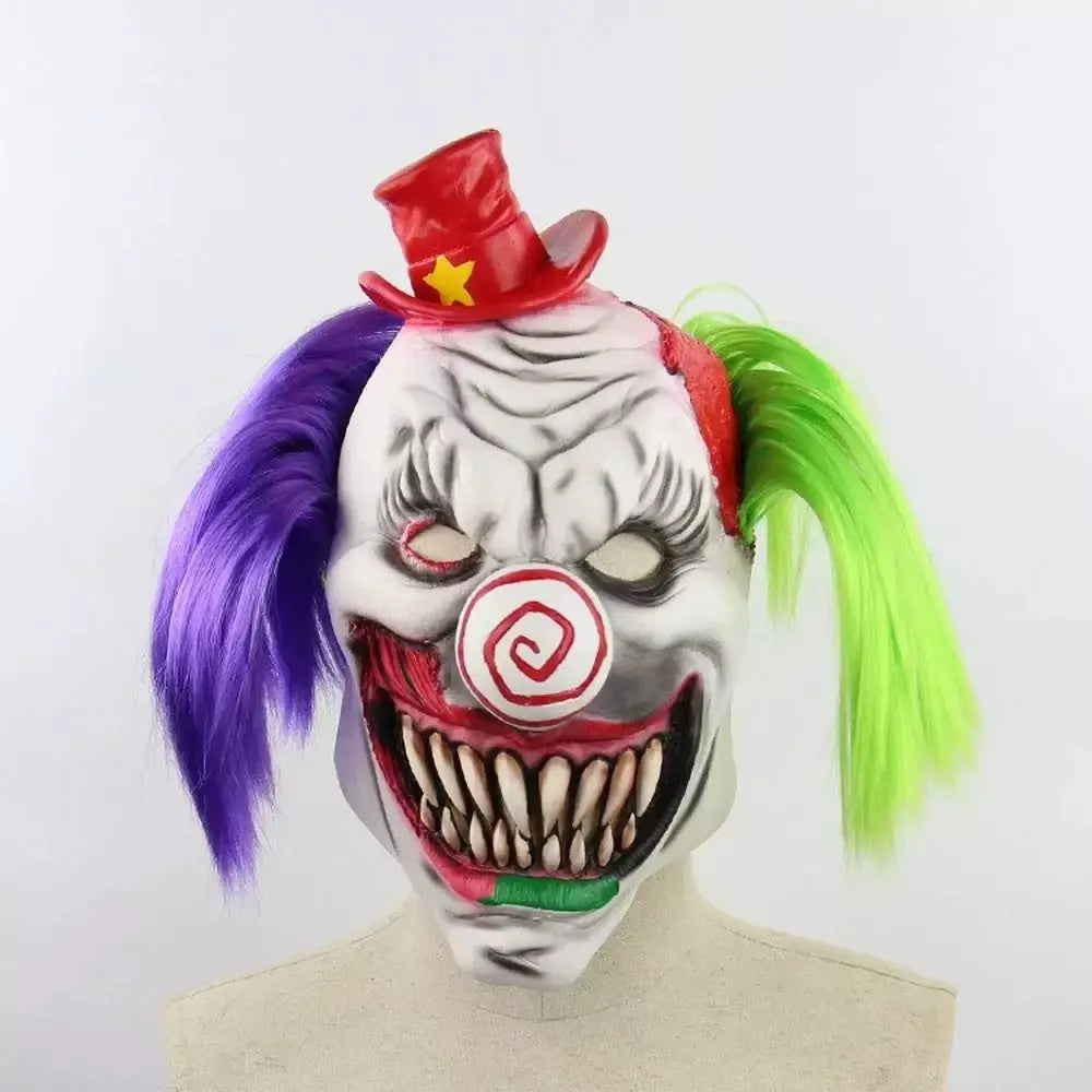 Máscara de palhaço assustador com cabelo verde roxo horror sorriso máscara facial traje de palhaço assustador halloween huanted casa prop