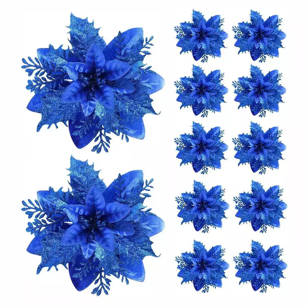 Flores artificiais com glitter para árvore de Natal, enfeites de Natal, rosa, vermelho, dourado, decoração de Natal para casa, 14,5 cm