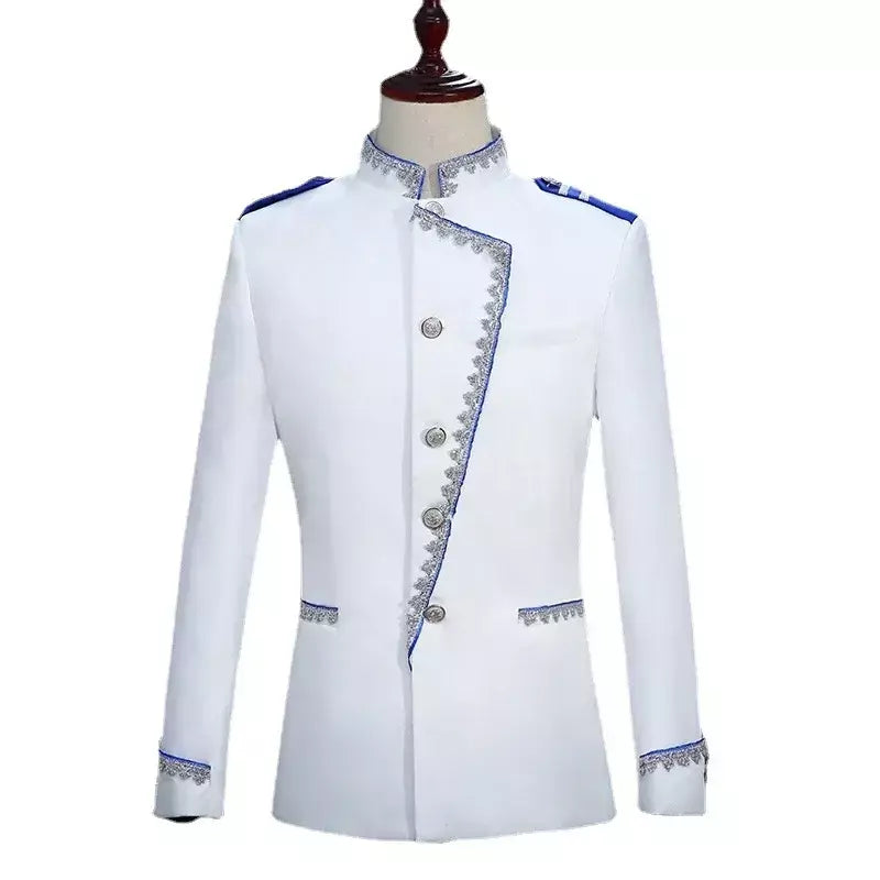 (Jaqueta e calça) masculino tribunal britânico banquete vestido emendado terno 2024 novo masculino festa de casamento prata borda de seda blazer e calças