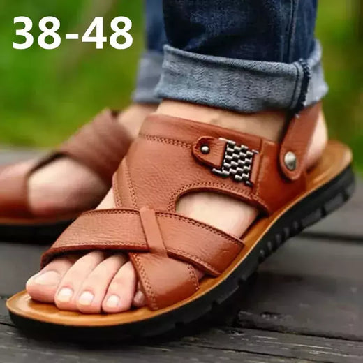 Sandálias masculinas de couro tamanho grande, sapatos clássicos de verão, chinelos romanos macios, calçado confortável para caminhadas ao ar livre