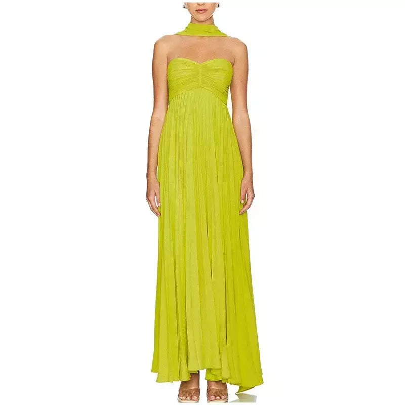 Vestido longo plissado sem alças feminino, Elegante, Sem alças, Fita, Plissado, Sexy, Sem mangas, Sem encosto, Lady, Festa à noite, Novo, Verão, 2022