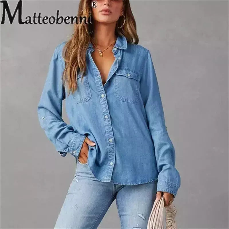 Camisa jeans fina de peito único feminina, bolso de emenda, manga longa, tops de lapela, confortável, blusa casual para mulheres, outono