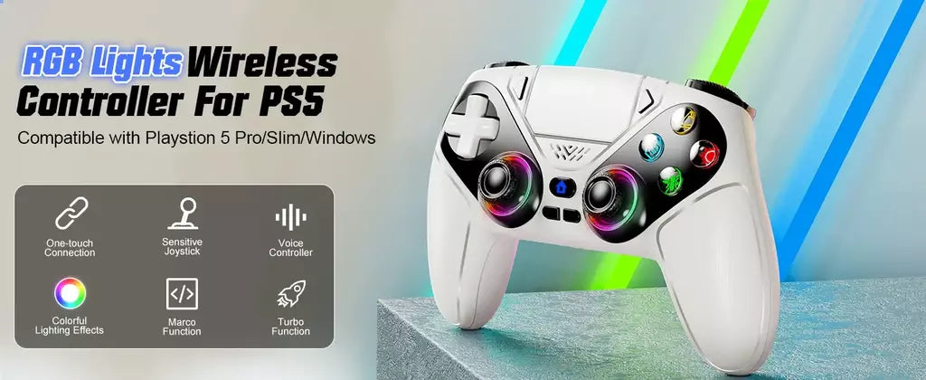 Controlador para ps5/playstion 5 pro/slim/pc console sem fio gamepad jogo joystick luzes rgb turbo touchpad hall gatilho rocker