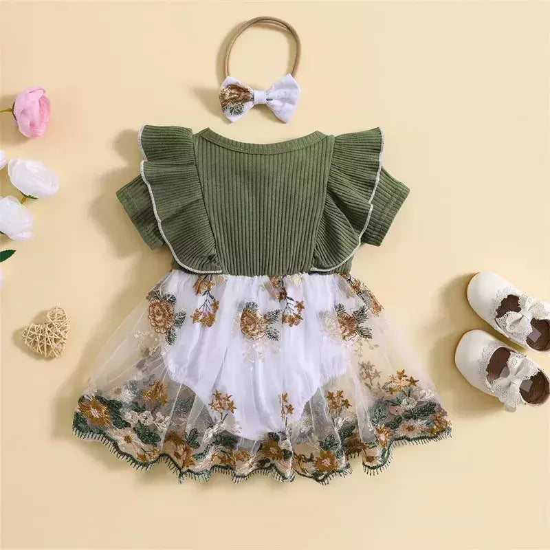 Vestido Romper das meninas do bebê recém-nascido, roupa do bebê, bordado da flor, costela da malha, babados macacões, roupas, roupa do verão