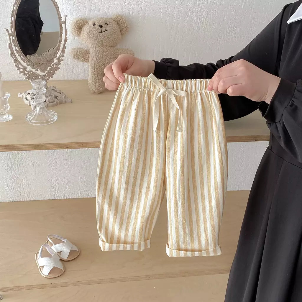 Calças listradas de algodão de linho vintage para meninos casual bolso design elásticos calças de cintura para criança menina roupas crianças