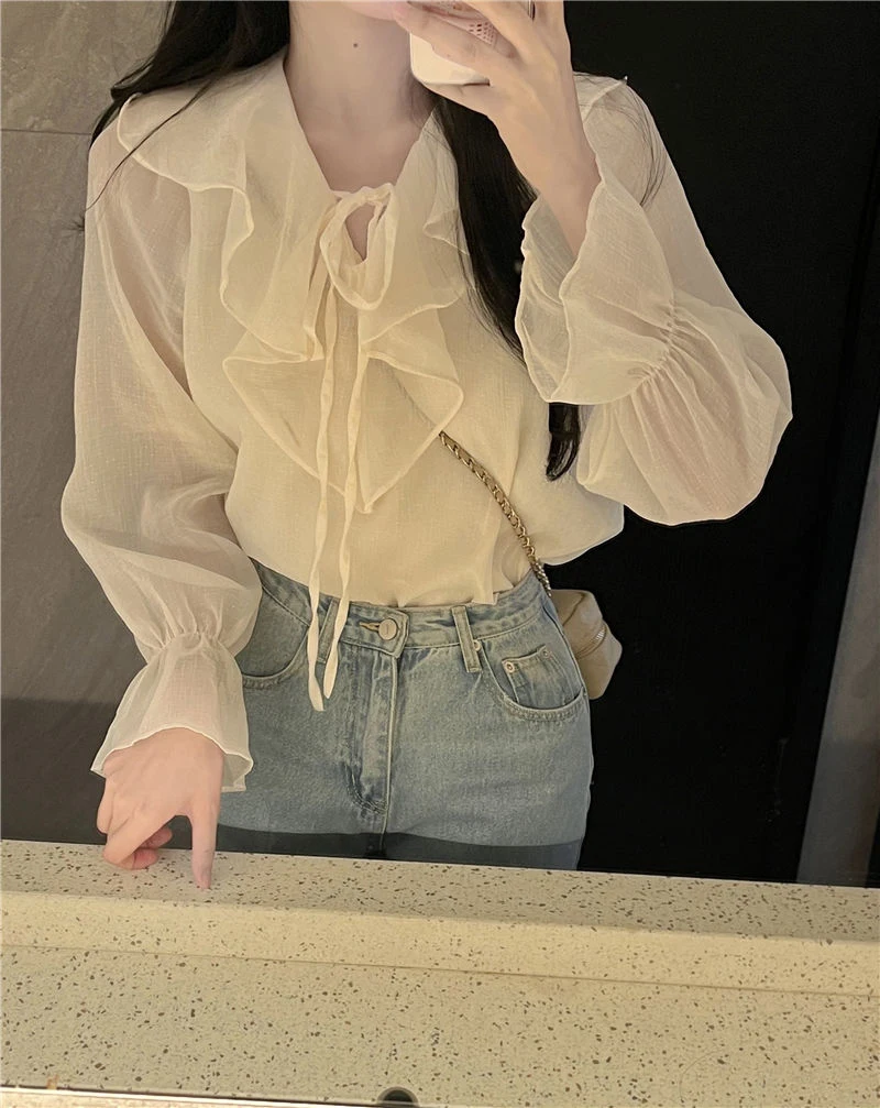 GIDYQ-Blusa coreana de meia gola aberta para mulheres, camisa de escritório para senhoras, pulôver solto, doce, todos os jogos, tops femininos chiques, sólidos, verão, novos