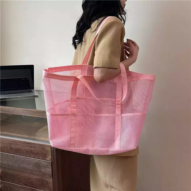 Bolsa de praia de malha portátil para mulheres, maquiagem, bolsa de lavagem, organizador de banho, Shopper Totes, verão