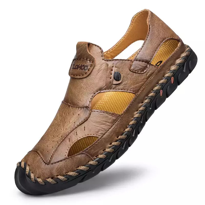 Tampão-sapatos de couro respirável para homens, sapatos de buraco oco, fundo macio, superfície macia, sandálias casuais