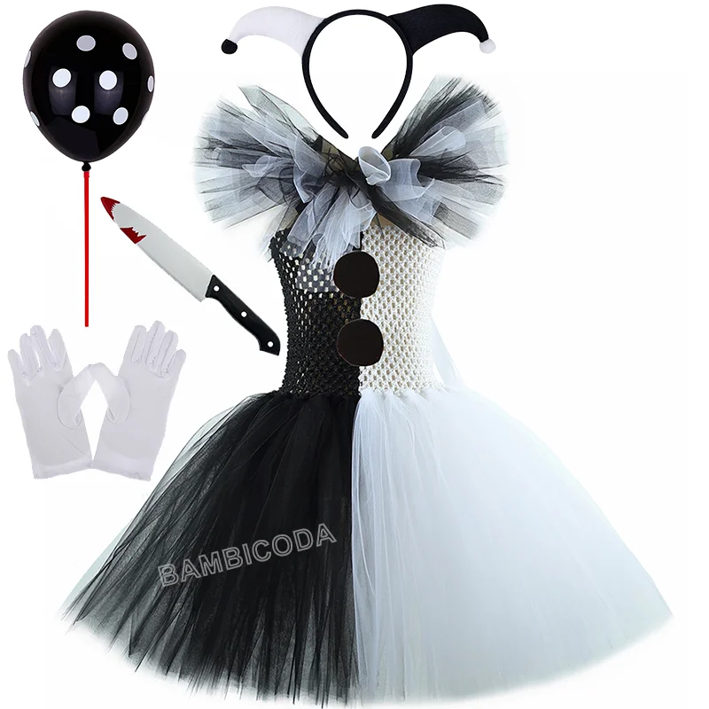 O traje de palhaço terrível arte menina preto branco fantasia tutu vestido horror coringa vestido para meninas trajes de festa de carnaval de halloween