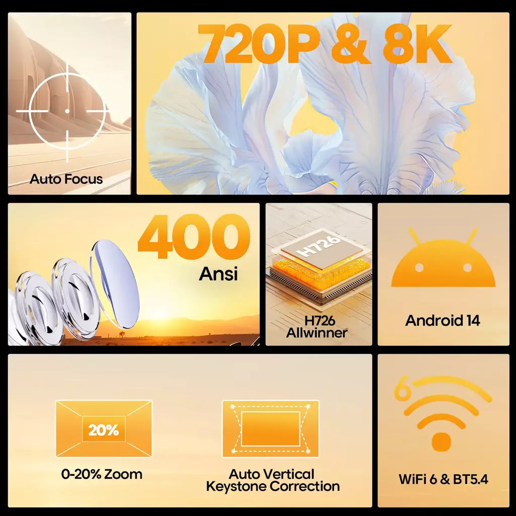 Magcubic foco automático android 14 4k projetor 400ansi 8k nativo 720p hy300 max com wifi6 bt5.4 allwinner h726 portátil ao ar livre