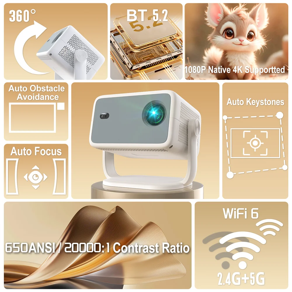 Projetor velec tp350 650 ansi 4k hd 1080p foco automático android 13 wifi6 bt5.2 portátil vídeo ao ar livre projetor de cinema em casa inteligente