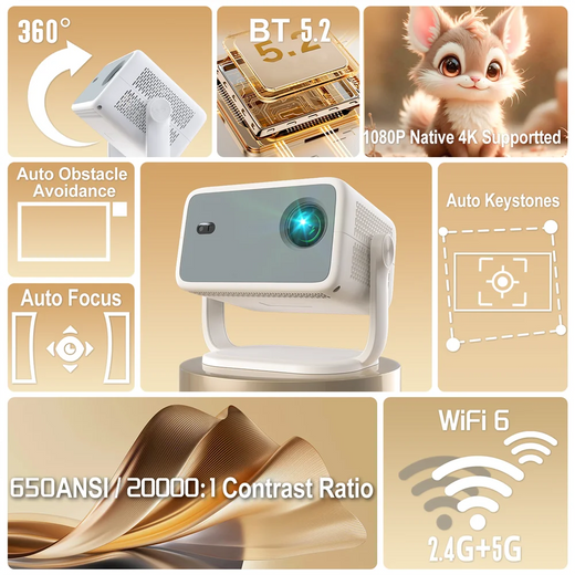 Projetor velec tp350 650 ansi 4k hd 1080p foco automático android 13 wifi6 bt5.2 portátil vídeo ao ar livre projetor de cinema em casa inteligente
