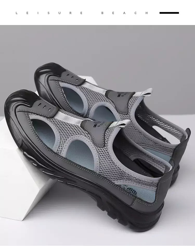 Sandálias de malha respirável para homens, sandálias de praia antiderrapantes, sapatos ocos ao ar livre, calçados flats, verão, novo