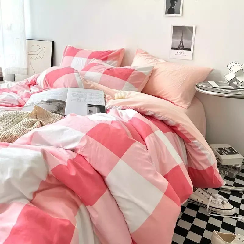 Conjunto de roupa de cama de algodão lavado, listrado, grade, lençol minimalista, consolador, capa de edredão rainha, duplo para meninos e meninas