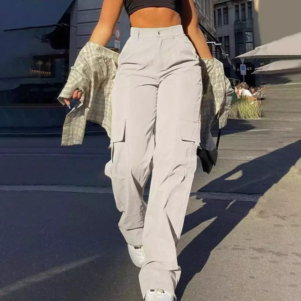 Calça de perna larga feminina, bolso com aba de rua, detalhes da fivela lateral, calças paraquedas hip hop, moda Y2K
