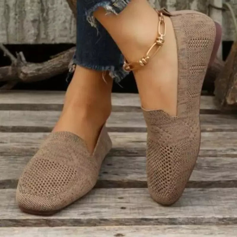 Cor sólida dedo do pé quadrado malha mocassins rasos mulheres apartamentos sapatos de fundo macio malha ballet apartamentos sapatos casuais deslizamento em sapatos de barco