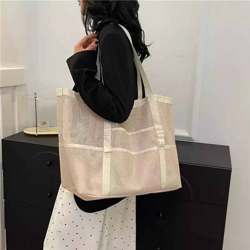 Bolsa de praia de malha portátil para mulheres, maquiagem, bolsa de lavagem, organizador de banho, Shopper Totes, verão