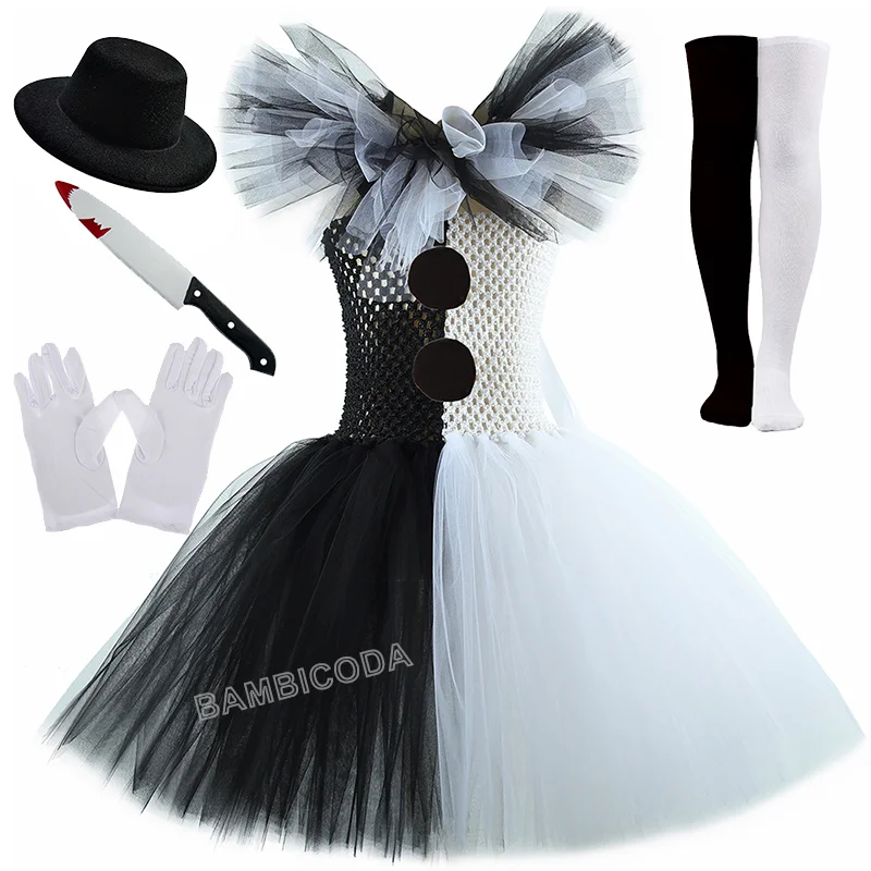 O traje de palhaço terrível arte menina preto branco fantasia tutu vestido horror coringa vestido para meninas trajes de festa de carnaval de halloween