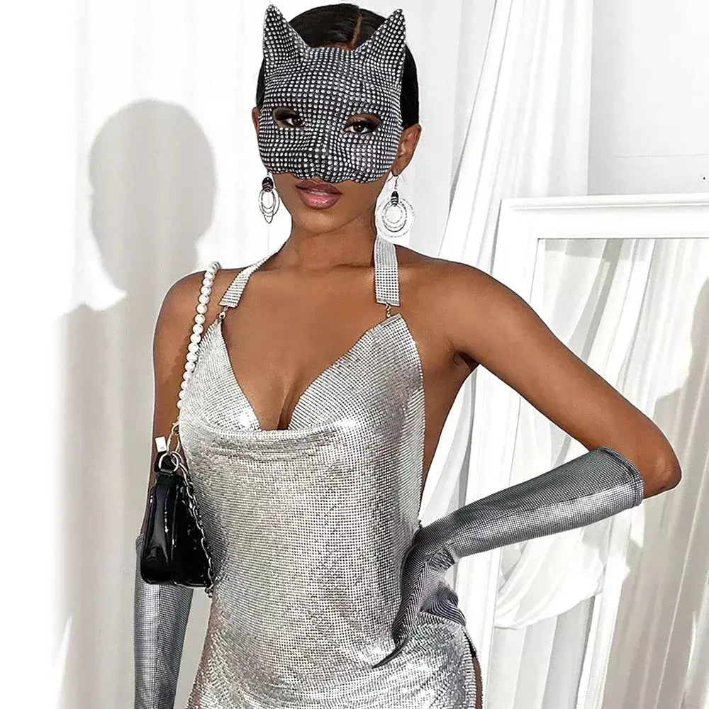 Máscaras de orelha de gato brilhantes cosplay festa de halloween acessórios de fantasia luvas longas sexy bling gatinho metade máscaras