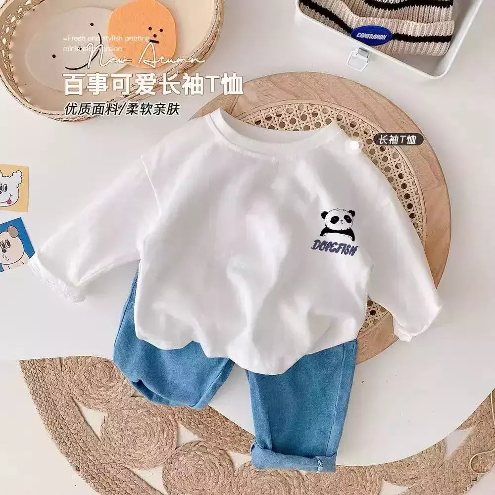 Camiseta infantil de manga comprida, algodão puro, camisa base, desenho animado estampado, primavera e outono, bebê, meninos e meninas