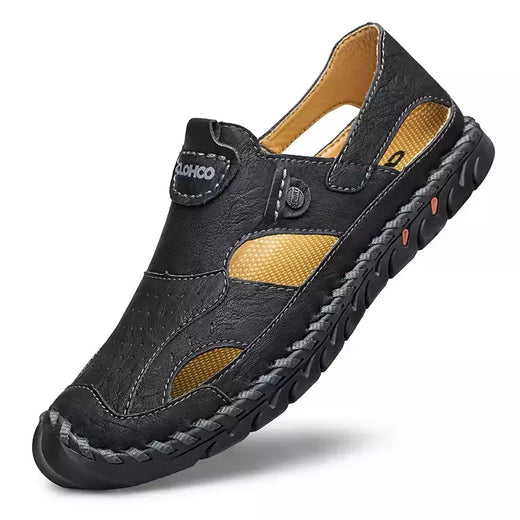 Tampão-sapatos de couro respirável para homens, sapatos de buraco oco, fundo macio, superfície macia, sandálias casuais