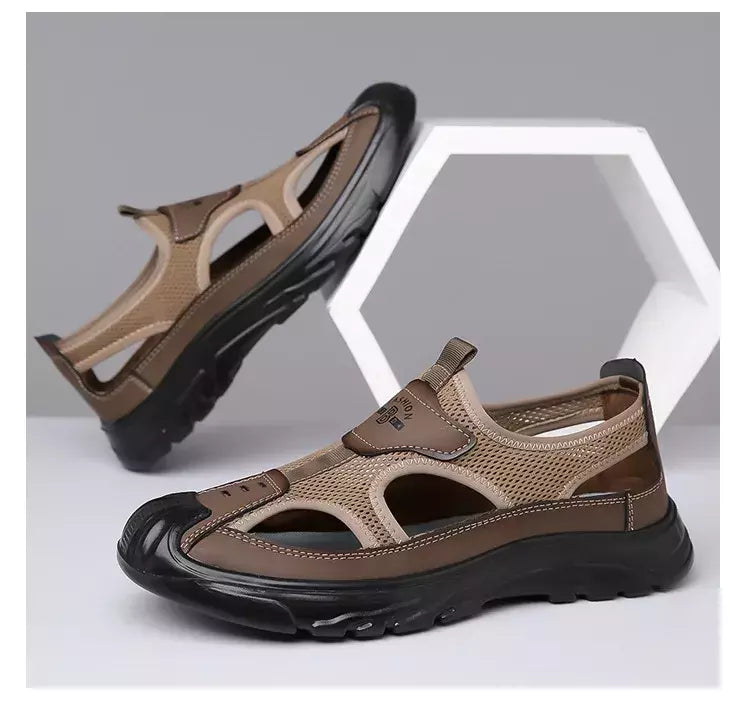 Sandálias de malha respirável para homens, sandálias de praia antiderrapantes, sapatos ocos ao ar livre, calçados flats, verão, novo