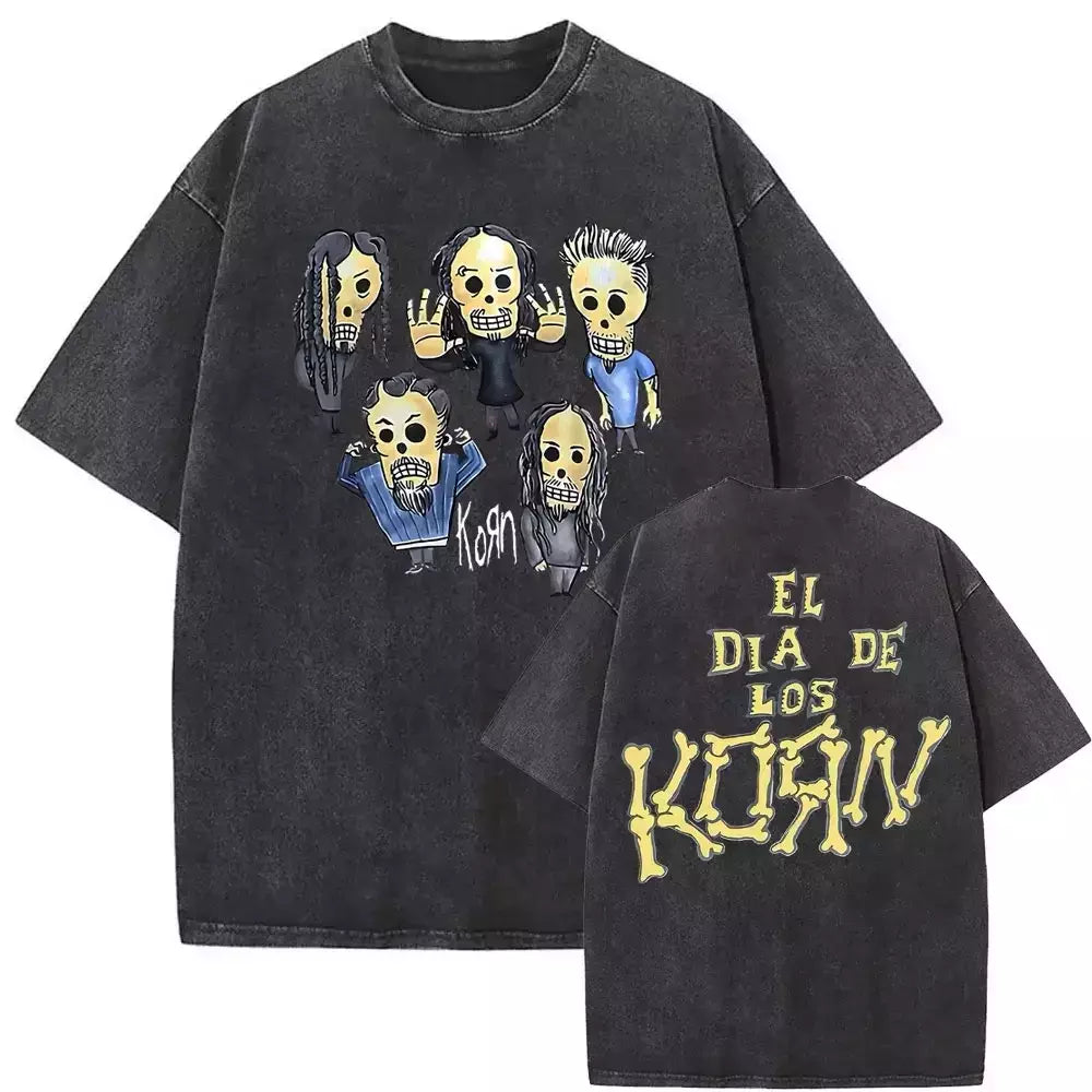 Camisetas com estampa de esqueleto masculinas, banda de rock vintage lavada, Korn caindo longe de mim, camiseta gótica, camiseta masculina extragrande, moda