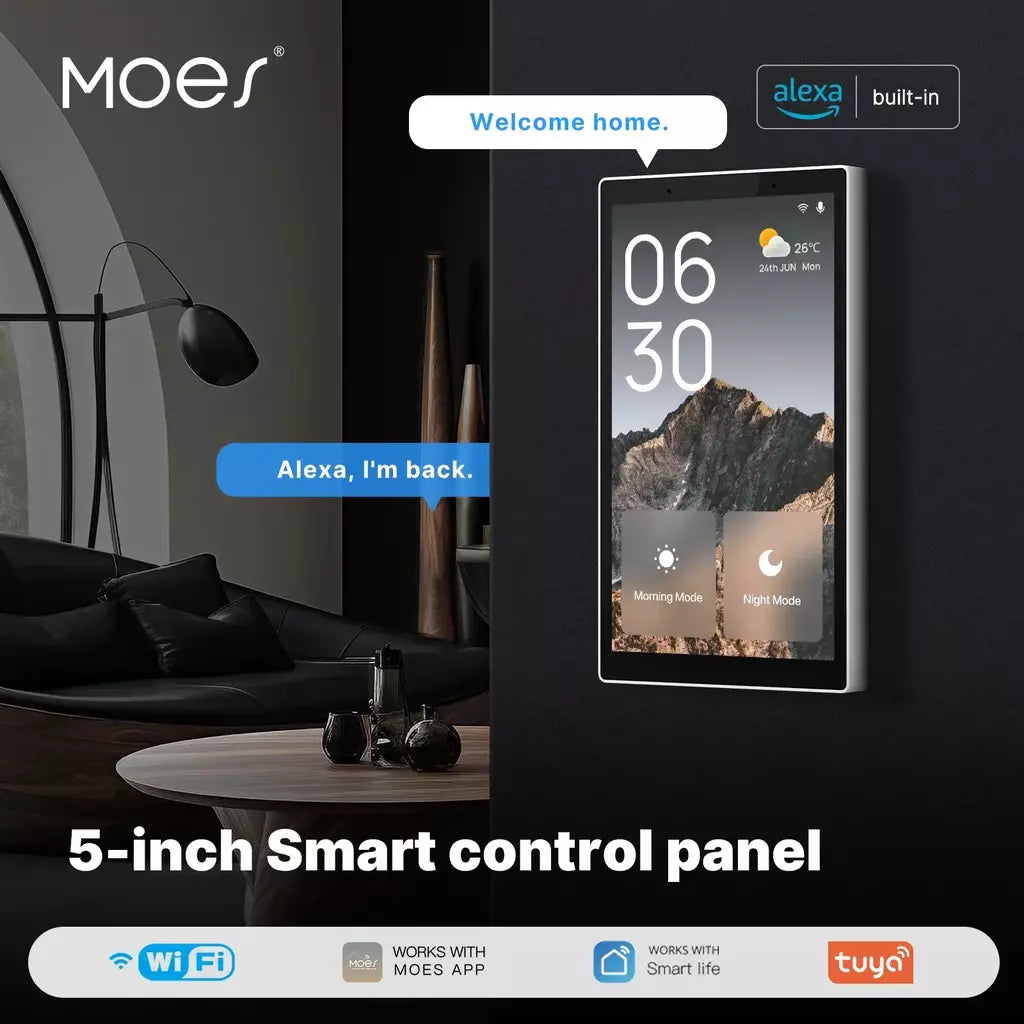 MOES Tuya Wifi Smart Tela sensível ao toque de 5 polegadas Painel de controle central dos EUA Controle de voz Alexa e ZigBee Gateway Controle de cena embutido