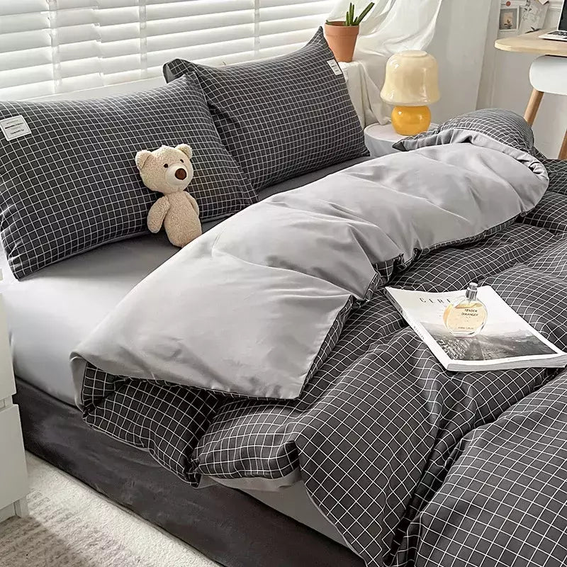 Conjunto de colcha de algodão lavada para dormitório estudantil, cama estilo japonês quadriculada outono e inverno, 4 unid